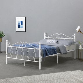 [en.casa] Fémkeretes ágy Apolda 140 x 200 cm porszórt (szinterezett) acél váz fehér, matt dekoratív fej-és lábrész dupla ágy