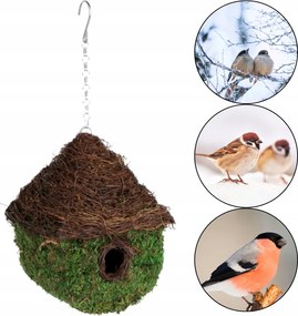 Dekoratív madárház fűből és mohából láncon 20x20x26/42 cm