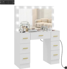 HOMCOM Fésülködőasztal tükörrel, 12 LED lámpával, 7 fiókkal, 100 x 40 x 137 cm, fehér