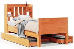 barna tömör fenyőfa könyvespolcos ágy matrac nélkül 90 x 190 cm