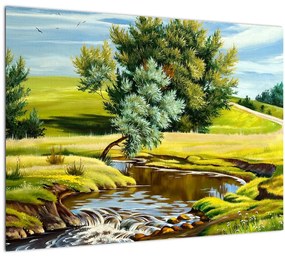 Kép - folyó a rétek között,, olajfestmény (üvegen) (70x50 cm)