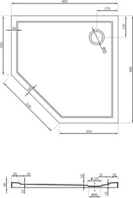Mexen Flow ötszögletű slim zuhanytálca 90 x 90 cm, fekete matt - 46P709090