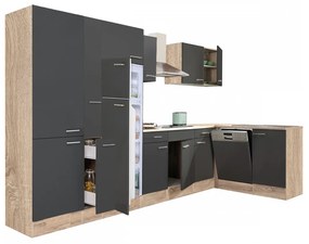 Yorki 370 sarok konyhablokk sonoma tölgy korpusz,selyemfényű antracit fronttal polcos szekrénnyel és felülfagyasztós hűtős szekrénnyel