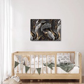 Kép - Trópusi levelek fekete és arany színben (üvegen) (70x50 cm)