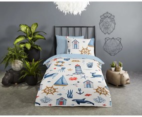 Kék-krémszínű pamut gyerek ágyneműhuzat babaágyhoz 100x135 cm Ahoy – Good Morning