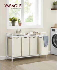 VASAGLE 4 rekeszes szennyeskosár 4 × 40 L, 116 × 33 × 72 cm, krémfehér és matt fehér