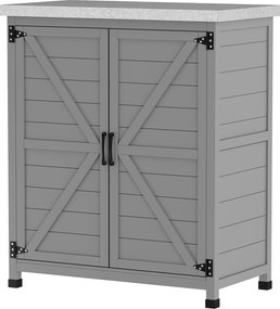 Outsunny Kerti Szekrény Fa Kültéri Időjárásálló Berendezési Tároló Szekrény Munkapaddal, Két Ajtóval, Polccal, Többfunkciós Szekrény Kerthez, Teraszho