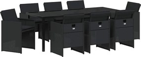 vidaXL Kert étkező szett párnával 9 pcs Fekete polirattan
