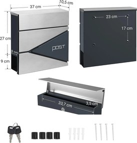 Modern postaláda újságtartóval 10,5x37x37 cm, antracit és ezüst