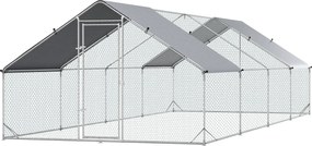 PawHut Nagy Kültéri Tyúkól 24 m² Ketrec 16-24 Tyúk számára 3x8x2 m Horganyzott Acél Tyúkól PE Fedéllel és Zárval - Ezüst | Aosom