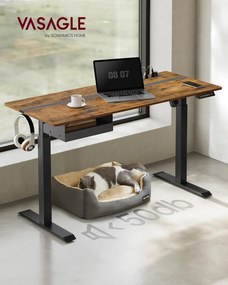 Elektromosan állítható íróasztal beépített aljzatokkal, 2 USB-porttal, fiókkal és 4 memóriahellyel, 140 x 60 x 72–120 cm, vintage barna/fekete