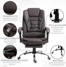 HOMCOM Magas Hátú Vezetői Irodai Szék PU Bőr Dönthető Otthoni Irodai Szék Lábpihentetővel Barna | Aosom