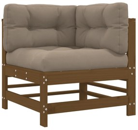 2 db mézbarna tömör fenyőfa sarokkanapé párnákkal