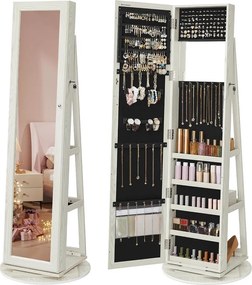 360°-ban forgatható ékszerszekrény, teljes alakos tükörrel, zárható ékszertároló, fehér