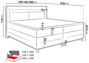 Boxspring franciaágy LED világítással 180x200 GALWAY - fekete ökobőr + INGYENES topper