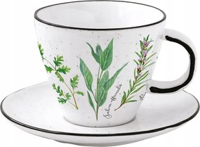 Elegáns csésze csészealj 250 ml boho retro gyógynövények fehér fekete