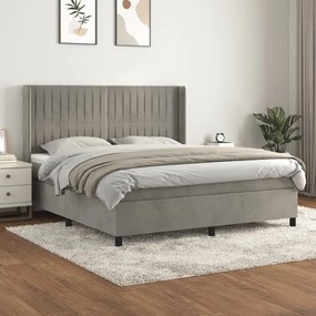 Világosszürke bársony rugós ágy matraccal 160x200 cm