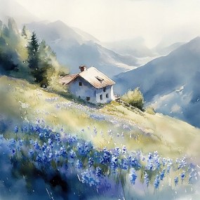 Vászonkép Canvas Tájkép Hegyek Házikó Terasz Kilátás Rét Virágok 80x80