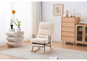 Hintaszék fa lábakkal, plüss szövettel, 4 fokozatban állítható háttámlával,  krémfehér