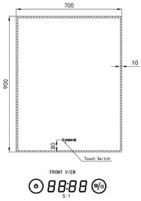 Álló fürdőszobai LED tükör 70x90cm | Páramentesítő funkció | Beépített óra | Fényerő és színhőmérséklet szabályozás | Welland Luxury-Line G773