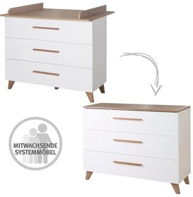 Fehér-natúr színű alacsony gyerek komód pelenkázó feltéttel, tölgyfa dekorral 110x98 cm – Roba