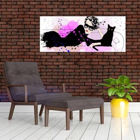 Kép - Nő egy fekete macskával (120x50 cm)