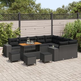 12 részes kerti kanapé szett párnákkal fekete poli rattan akáccal, 3 részes kerti étkező szett párnákkal fekete poli rattan akáccal