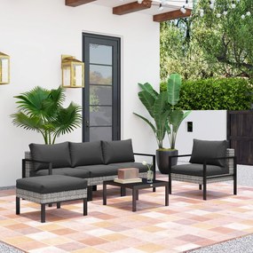 Outsunny Kültéri Kert 5 Elemekből Álló Lounge Szett, Erkély Szett Műanyag Wicker-rel, Karosszékekkel, Ottoman-al, Kávézó Asztallal, Tisztítható párnák