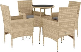 vidaXL 5 részes bézs polyrattan/üveg kerti étkezőgarnitúra párnákkal