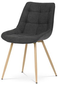 Scaun de dining vintage negru, tapițat cu material textil, picioare metalice, decor stejar 3D pe picioare.