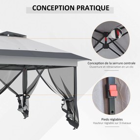 Outsunny Kültéri Kert Pavilon Összecsukható Pavilon 3.6x3.6m Dupla Tető Acél Poliészter Szúnyoghálók + Kerekes Cipzáras Táska Szürke | Aosom