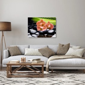 Üveg kép - Narancssárga orchidea pálmalevelekkel (70x50 cm)