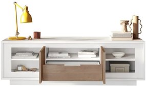 SKY 2.0 TV-szekrény 2 ajtóval és 1 fiókkal, fehér matt lakkozott vázzal, Mercuri tölgy mintázatú laminált előlapokkal