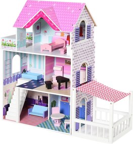 HOMCOM 3-Szintes Fa Babaház Terasszal 86x30x87 cm 13 Darab Bútorral és Kiegészítőkkel Hóbortos Dizájn | Aosom