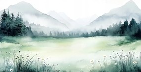 Vászonkép Canvas Akvarell Tájkép Hegyek Rét Virágok Tavasz Köd 60x40