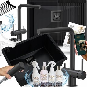 Függesztett Gránit Mosogató Fekete, Háromutas Csaptelep