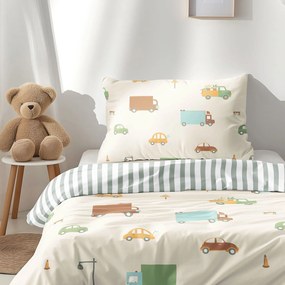 Goldea gyermek pamut ágyneműhuzat - az autók világa, zsálya színű csíkos hátoldal 150 x 200 és 50 x 60 cm