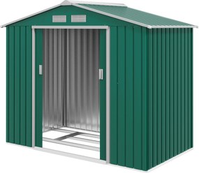 Outsunny Kerti Fészer 2,42m² Erősítő Alap nélküli 213x130x185 cm Kültéri Kerti Fészer 2 Csúszóajtóval és 4 Ablakkal Szerszámok Tárolására Sötétzöld |
