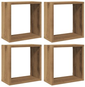 4 db kézműves tölgyszínű szerelt fa fali kockapolc 30x15x30 cm