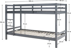Emeletes ágy, 90x200, tömör fa, szürke, INEZA