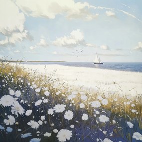 Vászonkép Canvas Tájkép Tengerpart Rét Virágok Tenger Csónak 40x40