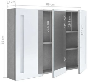 betonszürke LED-es tükrös fürdőszobaszekrény 89 x 14 x 62 cm