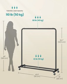 Ruhaszárító kocsi, gurulós ruhatartó, 2 zárható kerékkel, tintafekete