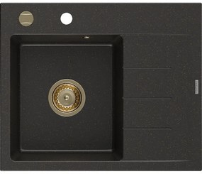 Mexen Ben 1 rekeszes gránit mosogató csepegtetővel, bal, 600 x 500 mm, fekete/arany metál, arany szifonnal - 6522605000-75-G