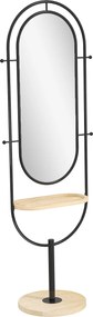 HOMCOM Ovális Szabadon Álló Tükör Fa Polccal, 4 Akasztóval, Fém Kerettel, Hálószobába, Nappaliba és Öltözőbe, 50 x 40 x 175.5 cm, Fekete | Aosom