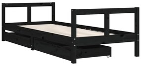 fekete tömör fenyőfa gyerekágykeret fiókokkal 80 x 200 cm