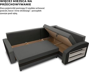 Grande sarokkanapé polcokkal , polc a jobb karfaban, jobboldali, szövet anyag, hab töltet, szürke - fekete