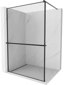 Mexen Kioto +, zuhany paraván polccal és törülközőtartóval 130 x 200 cm, 8mm üveg átlátszó üvegmintás fekete keret, fekete profil, 800-130-121-70-70