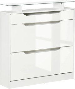 HOMCOM 2-ajtós Cipőtároló Keskeny Cipőszekrény 16 Pár Cipőnek Fiókkal, Nyitott Polccal és Üveg Toppal Előtérbe 89x23x96 cm Fehér | Aosom
