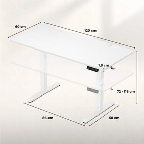 Elektromos állítható magasságú íróasztal, memória funkcióval, 120 cm x 60 cm, fehér